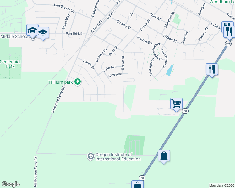 map of restaurants, bars, coffee shops, grocery stores, and more near 1550 Brown Street in Woodburn