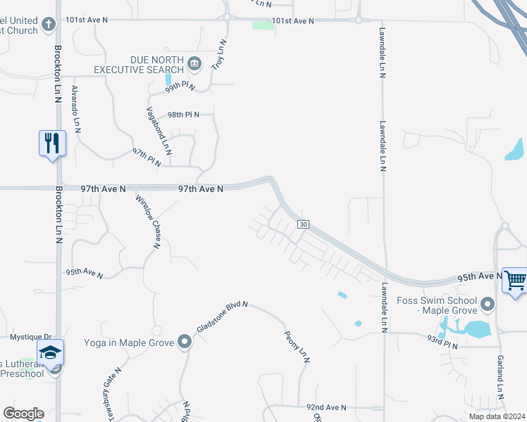 map of restaurants, bars, coffee shops, grocery stores, and more near 9641 Queensland Lane North in Maple Grove