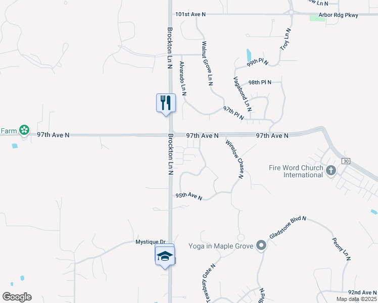 map of restaurants, bars, coffee shops, grocery stores, and more near 18940 96th Place North in Osseo