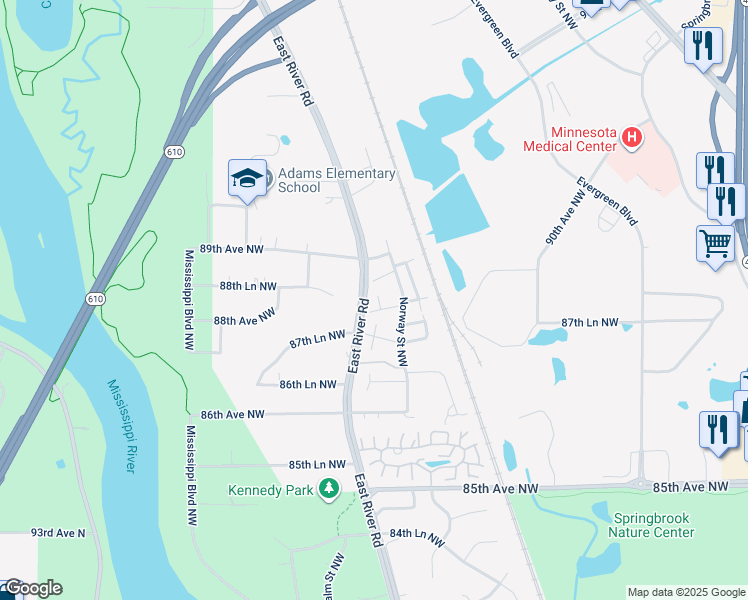 map of restaurants, bars, coffee shops, grocery stores, and more near 8774 Norway Street Northwest in Coon Rapids
