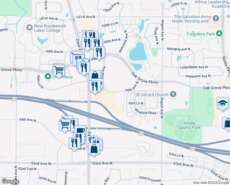 map of restaurants, bars, coffee shops, grocery stores, and more near 5439 96th Avenue North in Brooklyn Park
