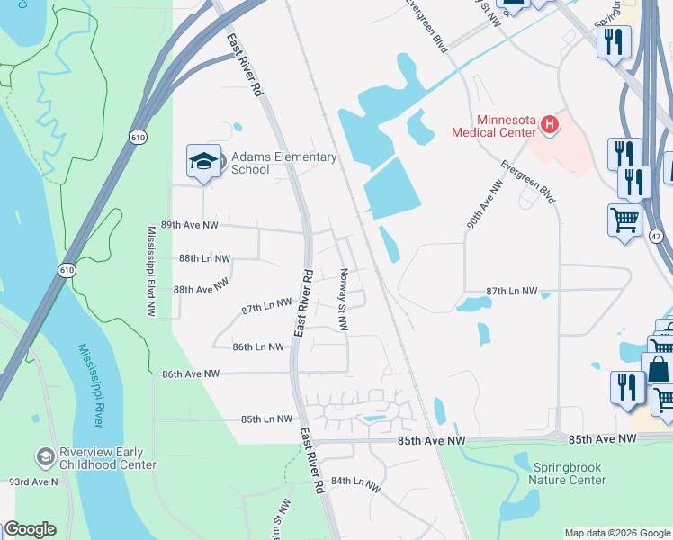 map of restaurants, bars, coffee shops, grocery stores, and more near 8816 Norway Street Northwest in Coon Rapids