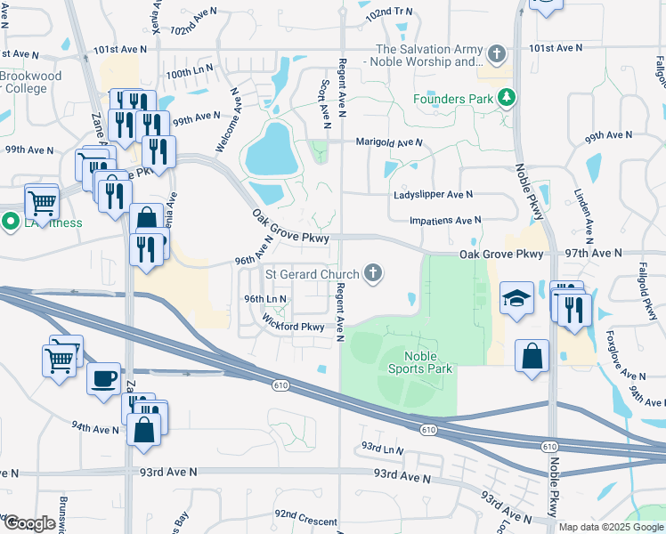 map of restaurants, bars, coffee shops, grocery stores, and more near 9619 Scott Circle in Brooklyn Park