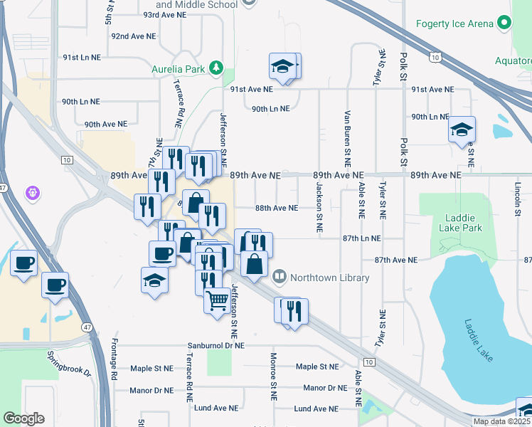 map of restaurants, bars, coffee shops, grocery stores, and more near 8800 Monroe Street Northeast in Blaine
