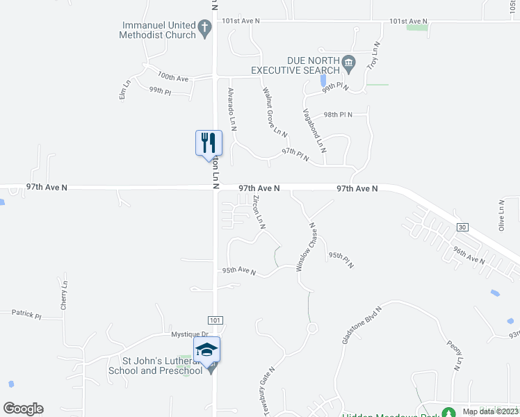 map of restaurants, bars, coffee shops, grocery stores, and more near 9638 Zircon Lane North in Maple Grove