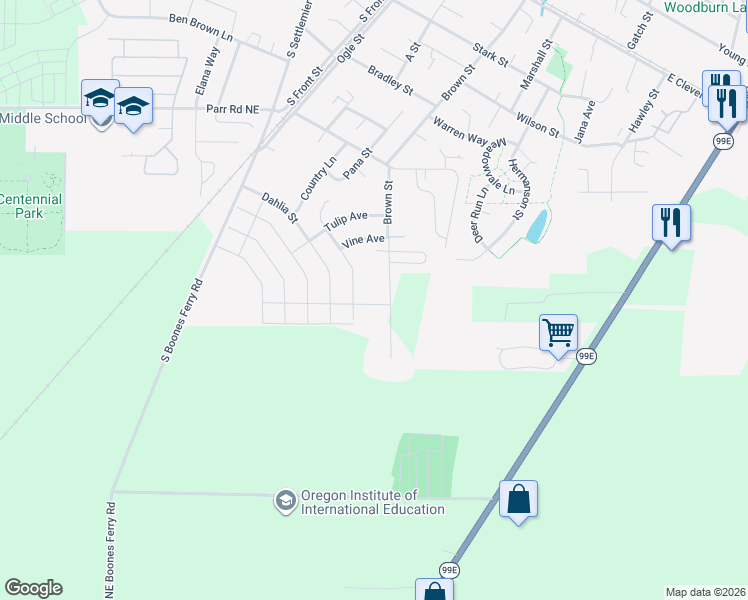 map of restaurants, bars, coffee shops, grocery stores, and more near 1550 Brown Street in Woodburn