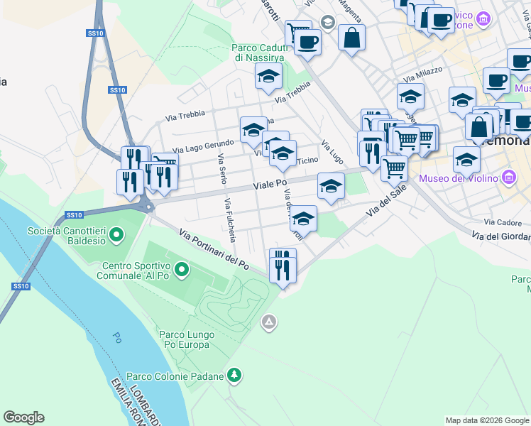 map of restaurants, bars, coffee shops, grocery stores, and more near 4 Via degli Arenili in Cremona
