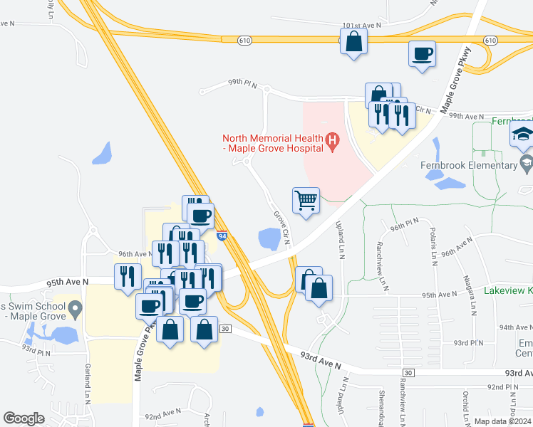 map of restaurants, bars, coffee shops, grocery stores, and more near 9655 Grove Cir N in Maple Grove