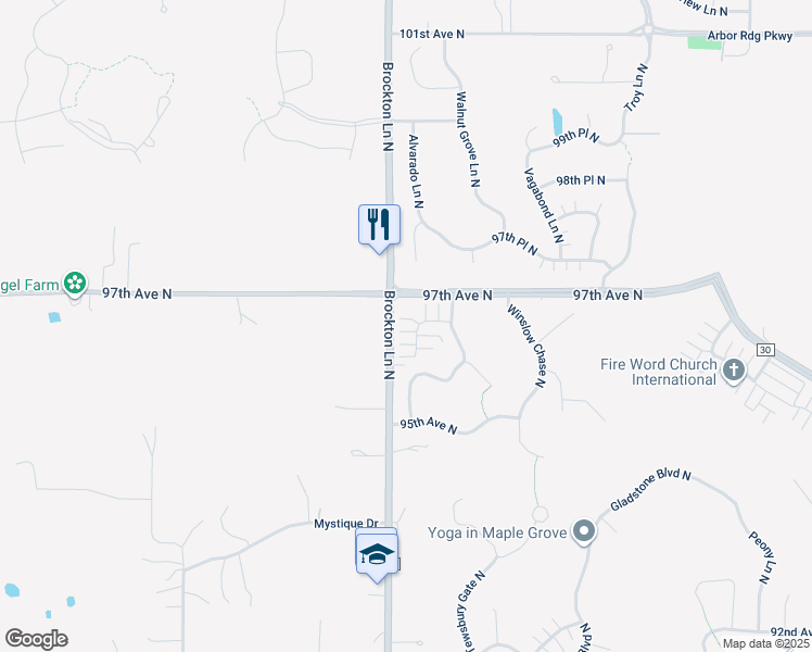 map of restaurants, bars, coffee shops, grocery stores, and more near 9690 Brockton Lane North in Maple Grove