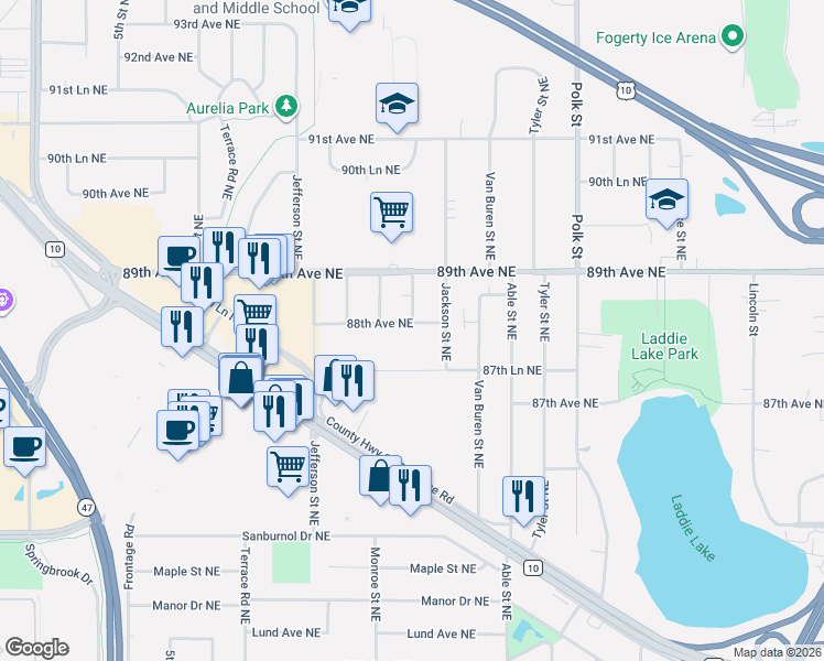 map of restaurants, bars, coffee shops, grocery stores, and more near 8801 Quincy Street Northeast in Blaine