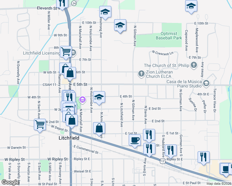 map of restaurants, bars, coffee shops, grocery stores, and more near 332 East 5th Street in Litchfield