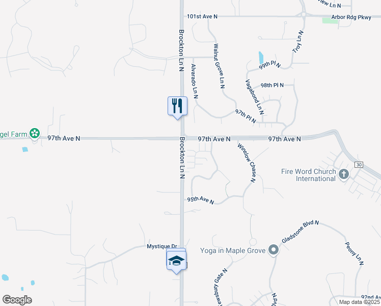 map of restaurants, bars, coffee shops, grocery stores, and more near 9669 Alvarado Lane North in Maple Grove