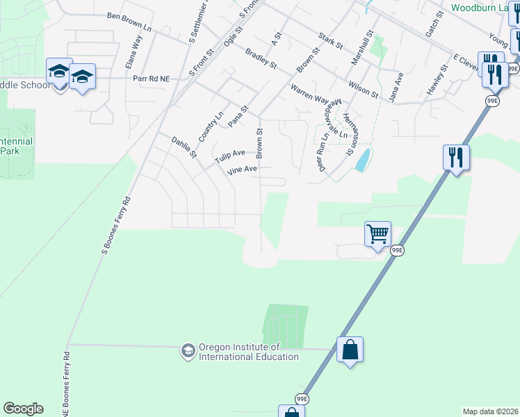 map of restaurants, bars, coffee shops, grocery stores, and more near 1550 Brown Street in Woodburn