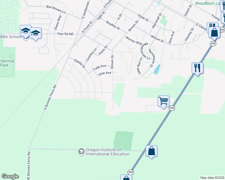 map of restaurants, bars, coffee shops, grocery stores, and more near 1550 Brown Street in Woodburn