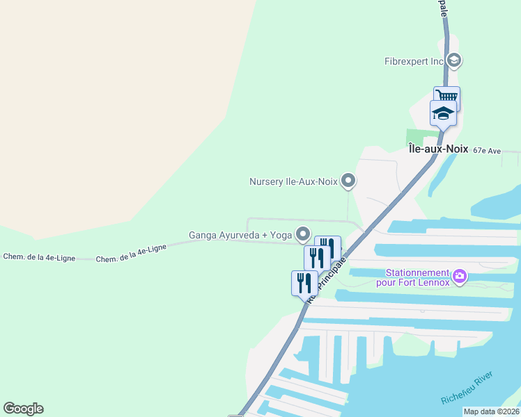 map of restaurants, bars, coffee shops, grocery stores, and more near 69 64e Avenue Ouest in Île-aux-Noix