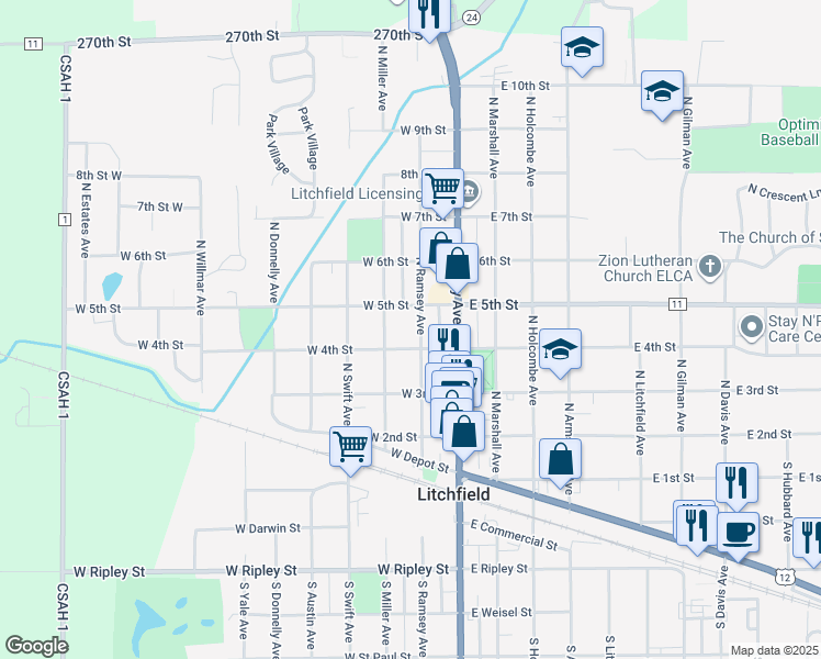 map of restaurants, bars, coffee shops, grocery stores, and more near 419 North Ramsey Avenue in Litchfield