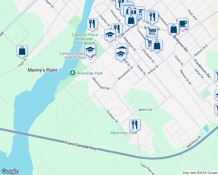 map of restaurants, bars, coffee shops, grocery stores, and more near in Carleton Place