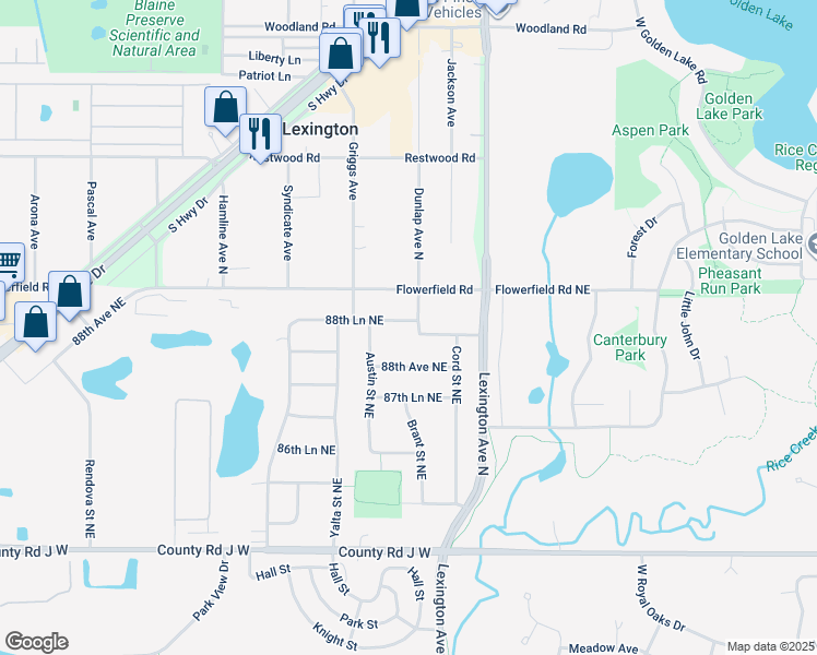 map of restaurants, bars, coffee shops, grocery stores, and more near 8854 Brant Street Northeast in Circle Pines