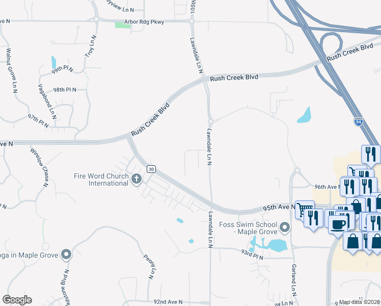 map of restaurants, bars, coffee shops, grocery stores, and more near 17643 96th Place North in Maple Grove