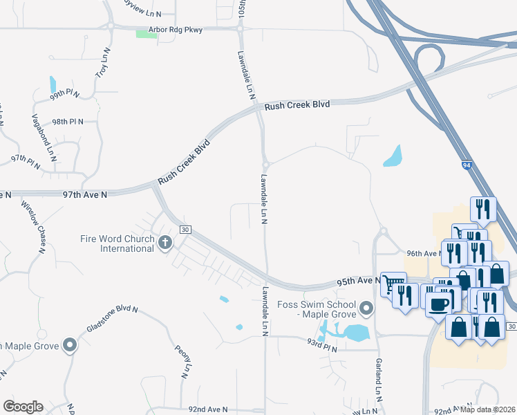map of restaurants, bars, coffee shops, grocery stores, and more near 17533 96th Place North in Maple Grove