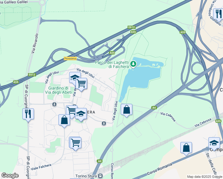 map of restaurants, bars, coffee shops, grocery stores, and more near 37 Via degli Ulivi in Torino