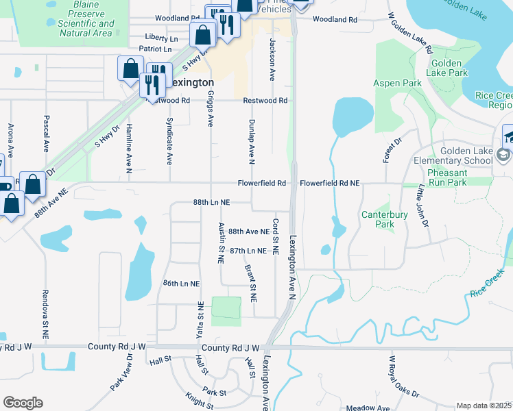 map of restaurants, bars, coffee shops, grocery stores, and more near 8854 Brant Street Northeast in Circle Pines