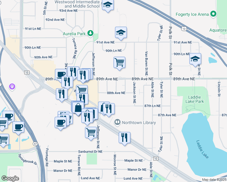 map of restaurants, bars, coffee shops, grocery stores, and more near 8800 Monroe St NE in Blaine