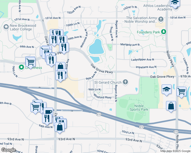 map of restaurants, bars, coffee shops, grocery stores, and more near 5439 96th Avenue North in Brooklyn Park