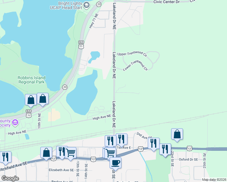map of restaurants, bars, coffee shops, grocery stores, and more near 300 28th Avenue Southwest in Willmar