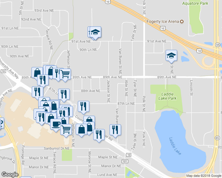 map of restaurants, bars, coffee shops, grocery stores, and more near 8811 Jackson Street Northeast in Blaine