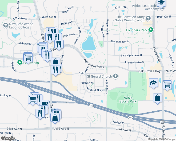 map of restaurants, bars, coffee shops, grocery stores, and more near 5439 96th Avenue North in Brooklyn Park
