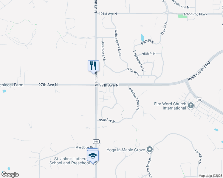 map of restaurants, bars, coffee shops, grocery stores, and more near 18902 96th Place North in Osseo