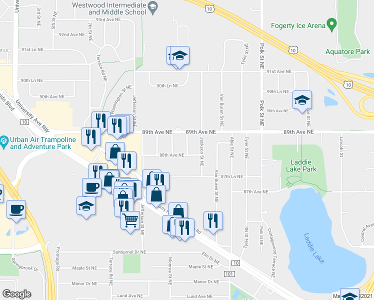 map of restaurants, bars, coffee shops, grocery stores, and more near 8805 Quincy Street Northeast in Blaine