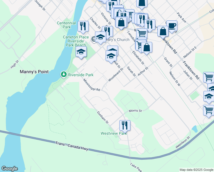 map of restaurants, bars, coffee shops, grocery stores, and more near in Carleton Place