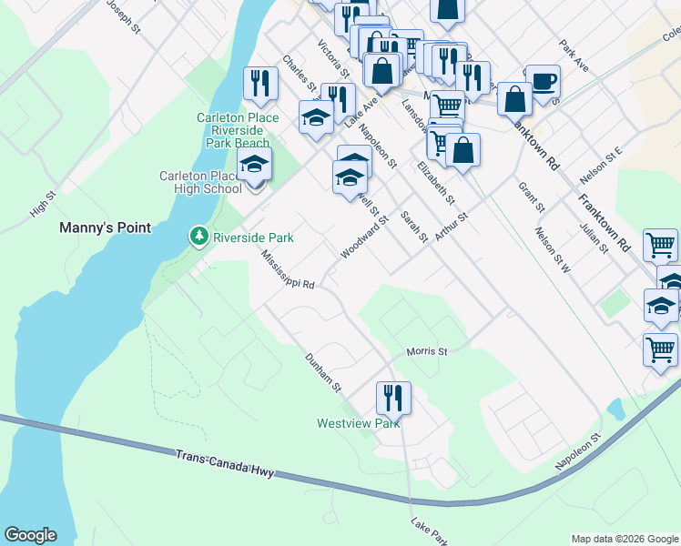 map of restaurants, bars, coffee shops, grocery stores, and more near 206 Woodward Street in Carleton Place