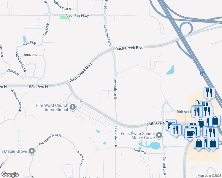map of restaurants, bars, coffee shops, grocery stores, and more near 17533 96th Place North in Maple Grove