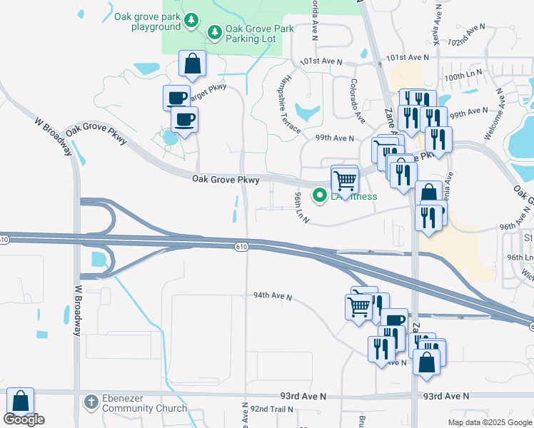 map of restaurants, bars, coffee shops, grocery stores, and more near 6723 Oak Grove Parkway in Brooklyn Park