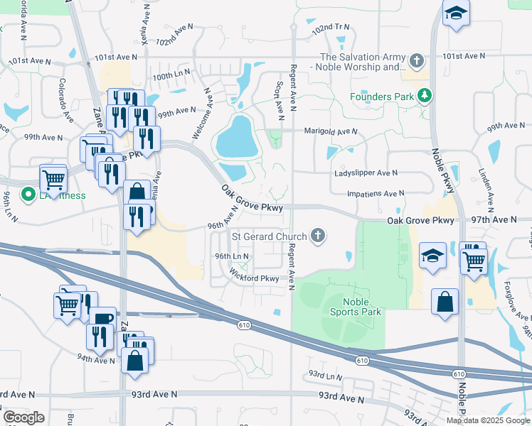 map of restaurants, bars, coffee shops, grocery stores, and more near 9626 Scott Circle in Brooklyn Park