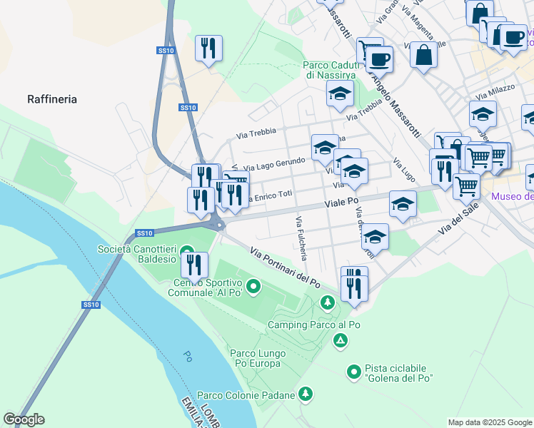 map of restaurants, bars, coffee shops, grocery stores, and more near 15 Via degli Arenili in Cremona