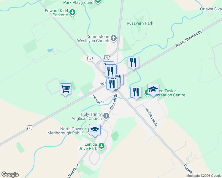 map of restaurants, bars, coffee shops, grocery stores, and more near 6610 Fourth Line Road in Ottawa