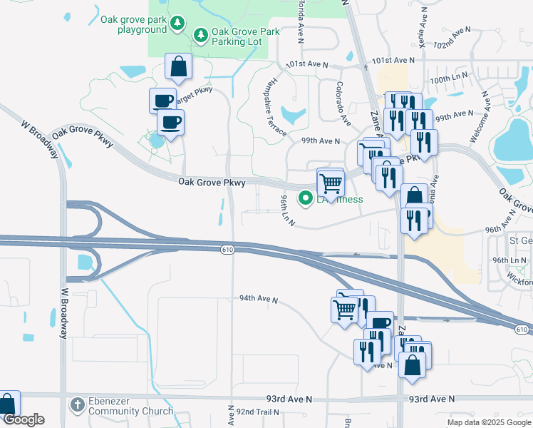 map of restaurants, bars, coffee shops, grocery stores, and more near 6711 Oak Grove Parkway in Brooklyn Park