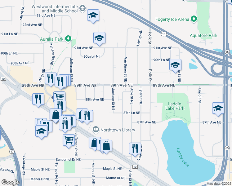 map of restaurants, bars, coffee shops, grocery stores, and more near 8811 Jackson Street Northeast in Blaine