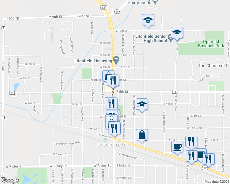 map of restaurants, bars, coffee shops, grocery stores, and more near 18 East 5th Street in Litchfield