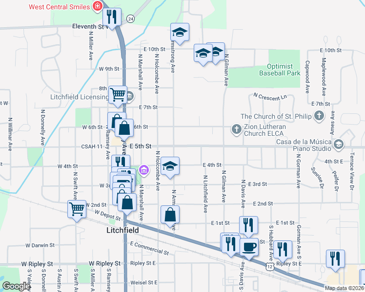 map of restaurants, bars, coffee shops, grocery stores, and more near 332 East 5th Street in Litchfield