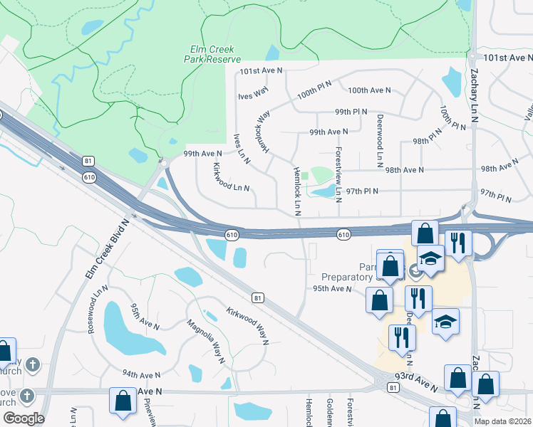 map of restaurants, bars, coffee shops, grocery stores, and more near 12115 97th Avenue North in Maple Grove