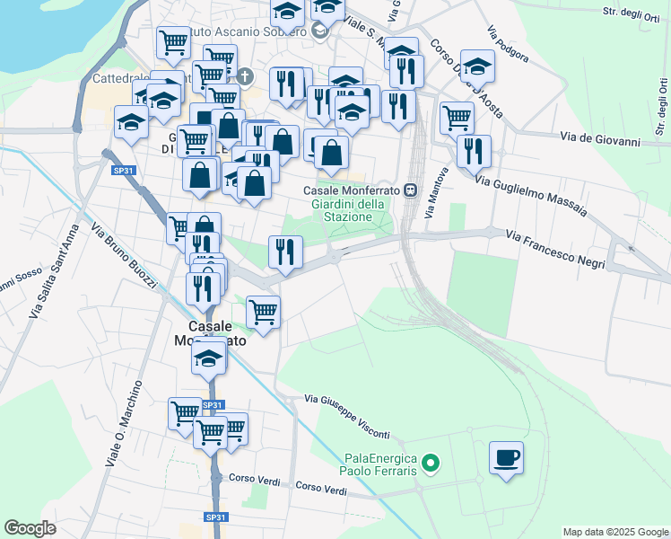 map of restaurants, bars, coffee shops, grocery stores, and more near 21 Via Martiri di Nassiria in Casale Monferrato