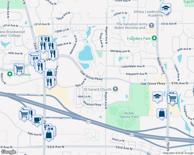 map of restaurants, bars, coffee shops, grocery stores, and more near 5200 Oak Grove Parkway in Brooklyn Park