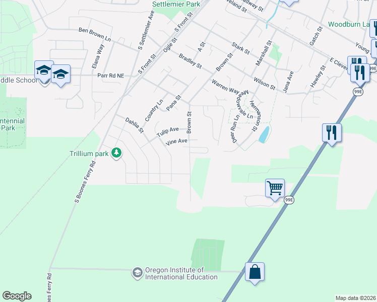 map of restaurants, bars, coffee shops, grocery stores, and more near 1281 Brown Street in Woodburn