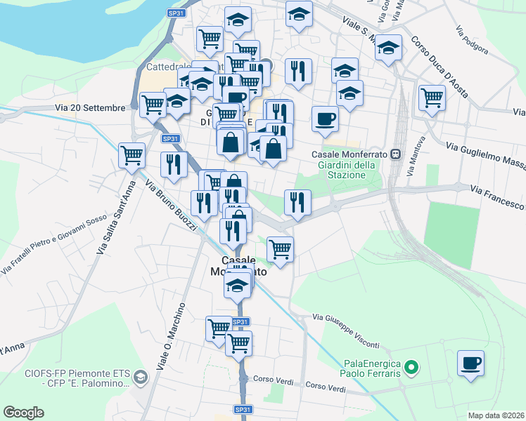 map of restaurants, bars, coffee shops, grocery stores, and more near 20A Viale Cavalli D'Olivola in Casale Monferrato