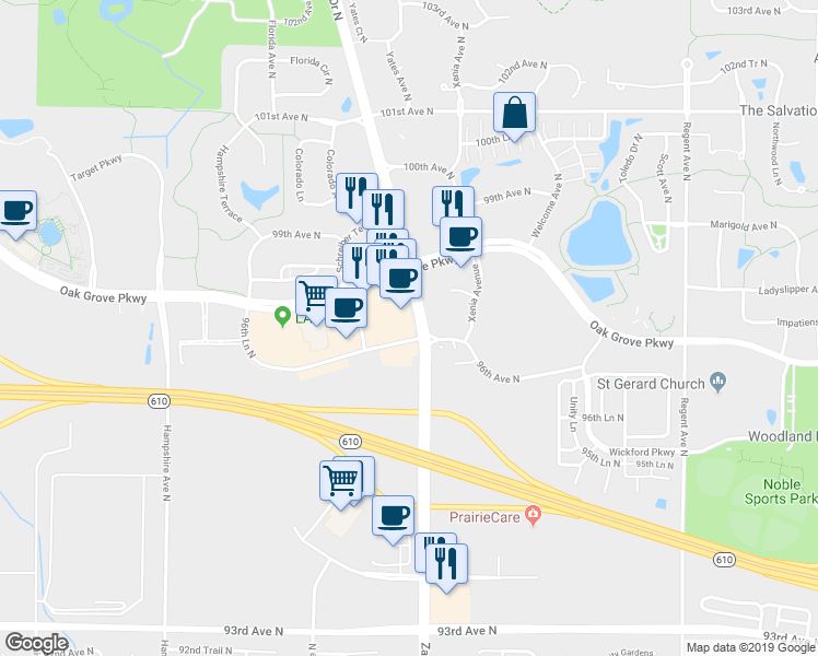 map of restaurants, bars, coffee shops, grocery stores, and more near 9610 Colorado Lane North in Brooklyn Park